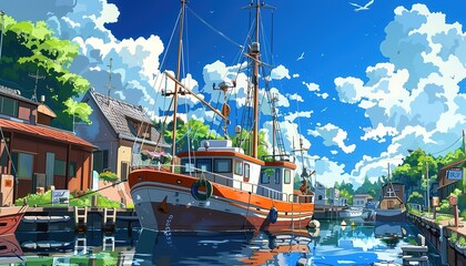 Obraz premium daytime in the ship harbor, anime cartoon style