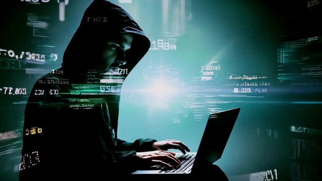 Hacker in Hood Working in Dark Abstract Room Laptop Keyboard Typing with Digital Virtual Script Texts and Numbers Flying. Anonymous Man Without Face Hacking System. Hacker Attack Concept 4k UHD.
