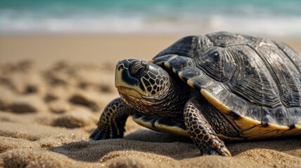 Obraz premium A turtle moving gracefully on the sandy beach.