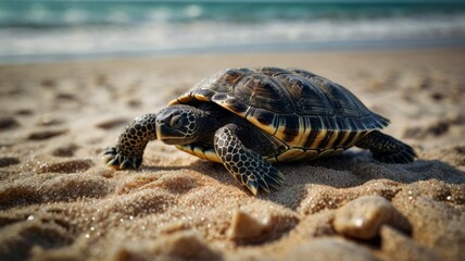 A turtle strolling on sandy beach with ocean waves in background.