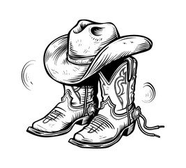 cowboy hat and boot engraving black and white outline