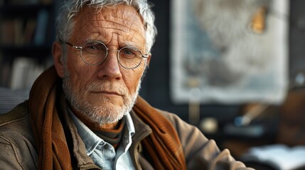 Portrait of Joyful Elderly Asian Man with Glasses looking at camera
