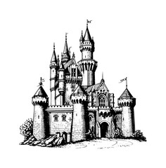 Obraz premium old castle engraving black and white outline