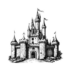 Obraz premium old castle engraving black and white outline