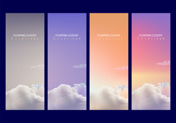 Set of sky with clouds illustration background. Cloudy vector cartoon in different colors nature wallpaper.