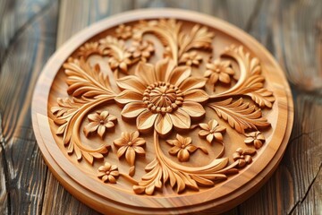 Round wood carving showing a floral design with a large flower in the center surrounded by smaller flowers and leaves