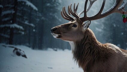 Fototapeta premium generative ai Majestic Solitude: Noble Male Deer Amidst Snow-Covered Wilderness, an Emblem of Winter's Enchantment 