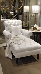 A white sofa with a knitted blanket and pillows sits in a boho living room with a wooden cabinet, woven baskets, and a round mirror.