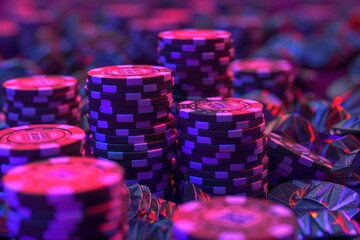 Stacks of poker chips bathed in purple light create an exciting atmosphere for gambling and...