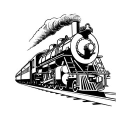 retro train engraving black and white outline