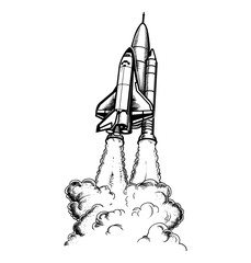 Obraz premium space shuttle rocket launch engraving black and white outline