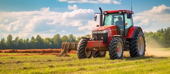 Red Tractor Working in a Field