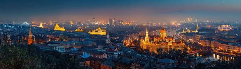 Fototapeta premium Stunning panoramic view of a city skyline illuminated at dusk, showcasing historical buildings and modern architecture.