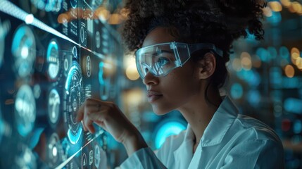 A scientist interacts with advanced technology, showcasing innovation in a modern lab environment.