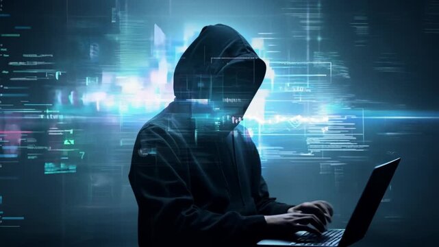 Hacker in Hood Working in Dark Abstract Room Laptop Keyboard Typing with Digital Virtual Script Texts and Numbers Flying. Anonymous Man Without Face Hacking System. Hacker Attack Concept 4k UHD.