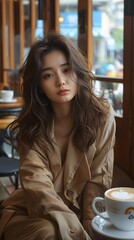 Coffee Break Glamour: A captivating portrait of a stylish young woman, her long, dark hair cascading over her shoulders as she gazes intently at the camera, her elegant outfit and the steaming cup 