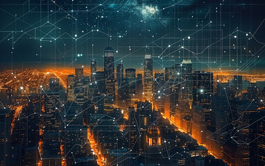 Fototapeta premium Business chart with lines on a city background. Data, analysis, statistics and reporting concept
