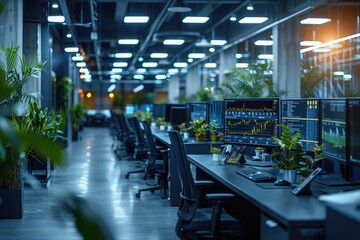 Modern Tech Office with Biophilic Design and Financial Data Displays