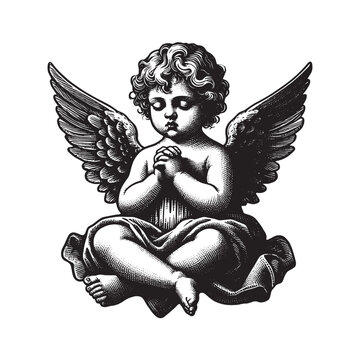 recommend clip art: Praying little cute baby angel. vintage engraving black outline illustration. Isolated object, emblem. Vector	