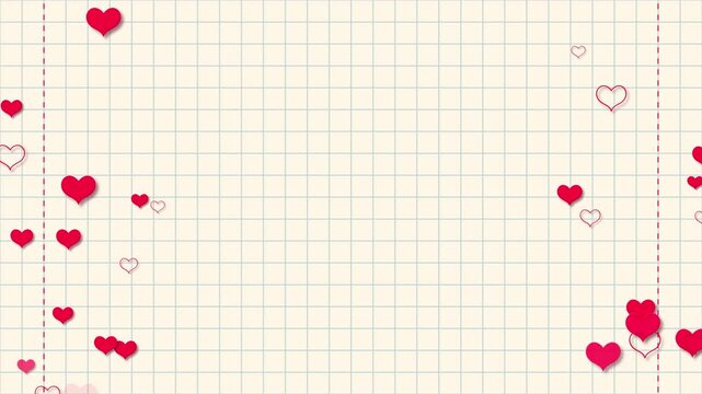 love and valentine motion background with hearts, flying hearts on notebook paper sheet, anniversary and wedding romantic design element 