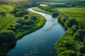 Serpentine River Meandering Through Lush Green Summer Landscape, Aerial View