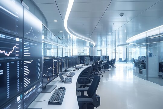 Modern Financial Trading Room: Curving Desk with Data Monitors and Analysts