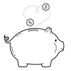Piggy bank with coins. Simple outline illustration, isolated on white background. Design element