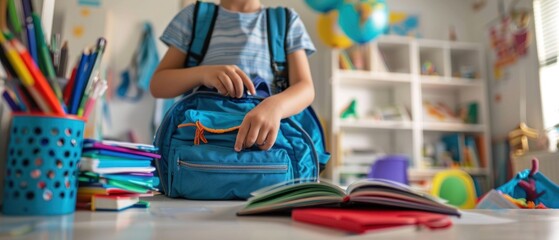 A young student is seen organizing their school bag on a clean, white desk. The child hands are busy placing notebooks and pens inside. The room simple decor and bright lighting provide an ideal