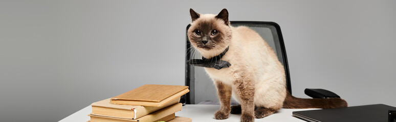 A domestic cat sits comfortably on a desk in a studio setting, showcasing a cozy and curious moment.