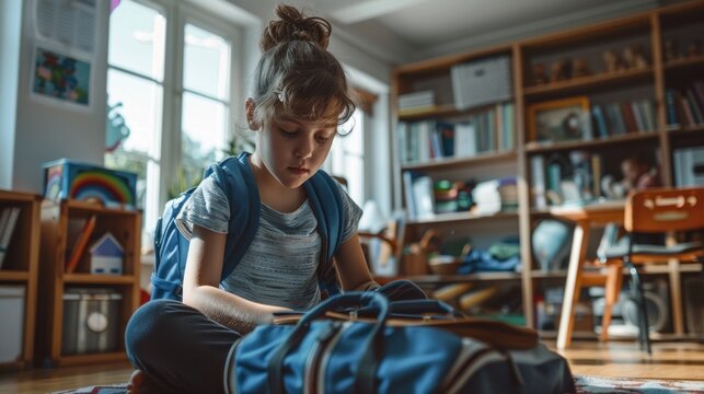 An elementary school student is seen packing their backpack in a minimalistic room with lots of natural light. The child's attention to detail is evident as they organize their supplies. The