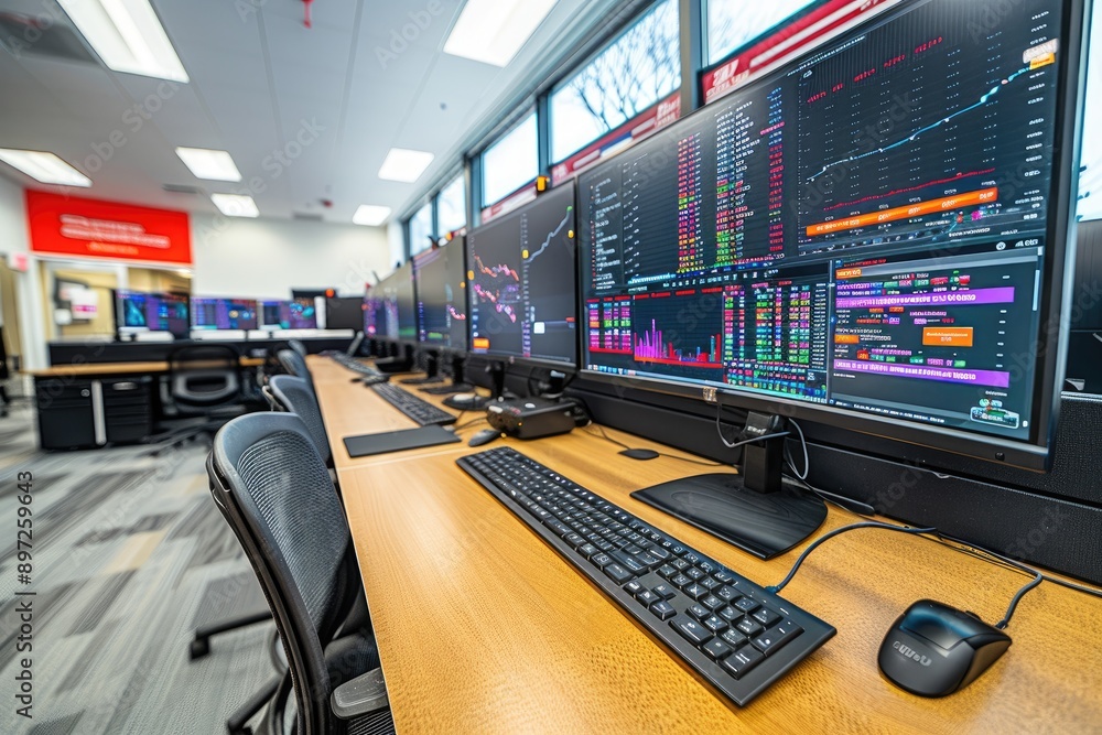 Poster a modern office space with rows of the control room, each equipped with multiple black monitors on t