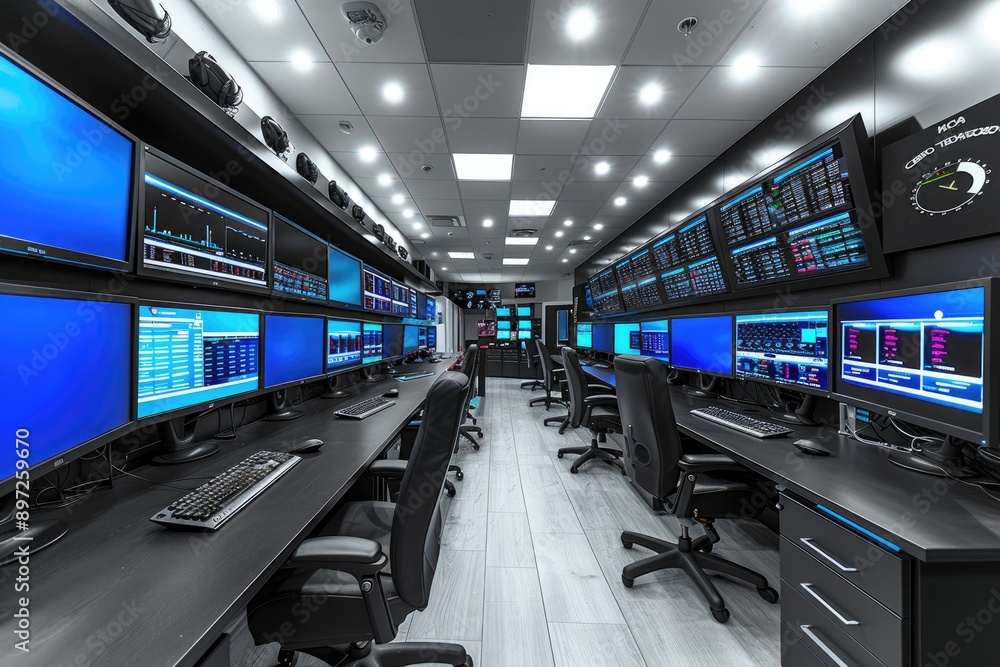 Poster a modern office space with rows of the control room, each equipped with multiple black monitors on t