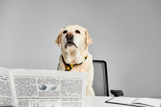 A dog attentively sits at a desk, reading a newspaper.
