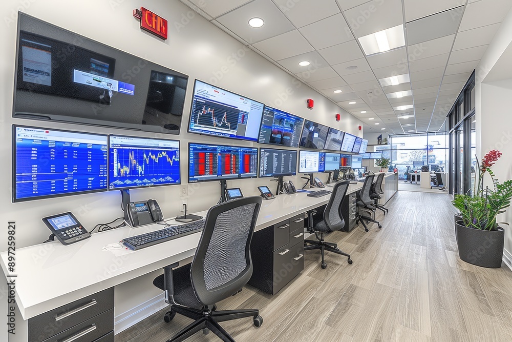 Poster a modern office space with rows of the control room, each equipped with multiple black monitors on t