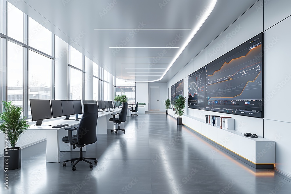 Poster a modern office space with rows of the control room, each equipped with multiple black monitors on t