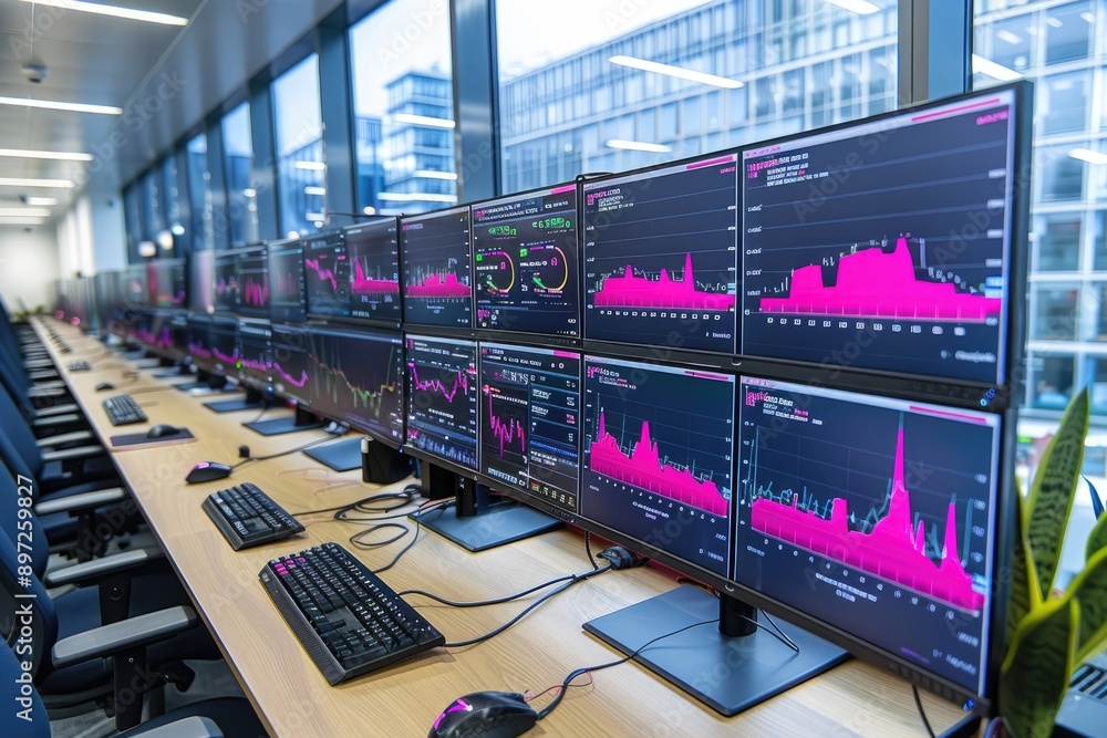 Poster a modern office space with rows of the control room, each equipped with multiple black monitors on t