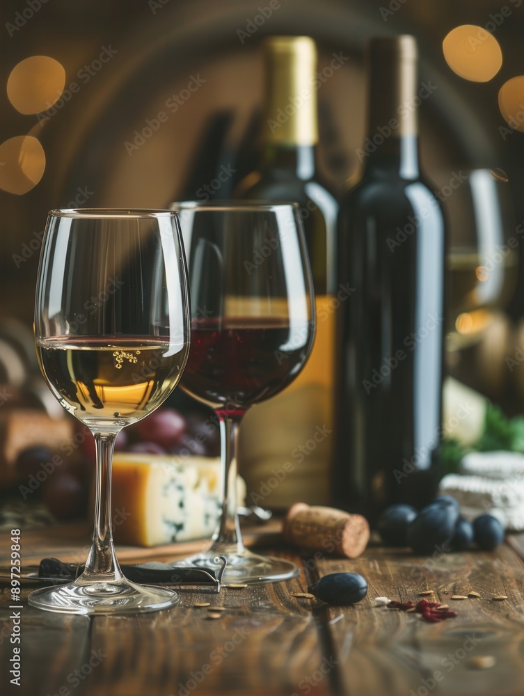 Poster a rustic wooden table with two glasses of wine, one red and one white, next to a bottle of red wine,