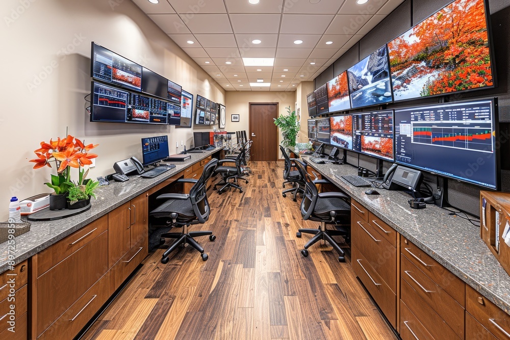 Poster a modern office space with rows of the control room, each equipped with multiple black monitors on t