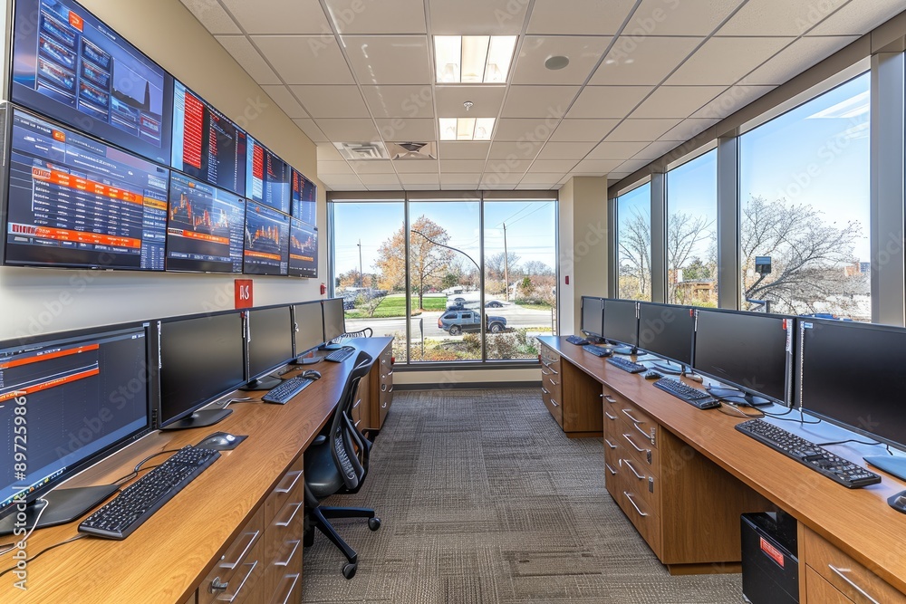 Poster a modern office space with rows of the control room, each equipped with multiple black monitors on t