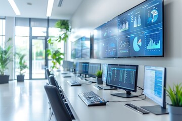 A modern office space with rows of the control room, each equipped with multiple black monitors on the desk.