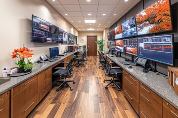 A modern office space with rows of the control room, each equipped with multiple black monitors on the desk.