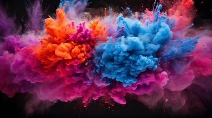 Vibrant color powder splash abstract on black backdrop for holi celebration with explosive burst