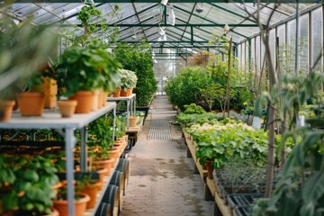 greenhouse interior with plants. gardening and indoor cultivation and agriculture