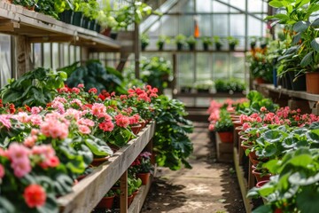 greenhouse interior with plants. gardening and indoor cultivation and agriculture