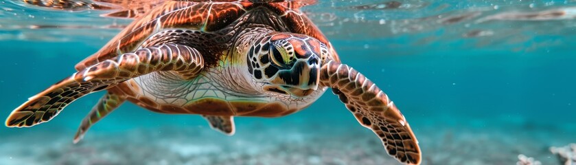 Fototapeta premium sea turtle swimming underwater in tropical waters - close up view of shell, fins, and face