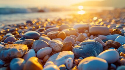 Obraz premium Vibrant pebbles on a sunlit beach captured at sunrise with gentle waves and a warm, serene atmosphere.