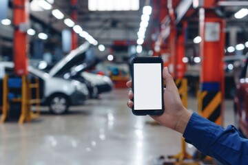 hand holding smart phone with blank screen in Automotive service station