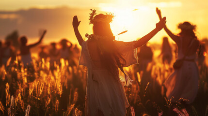 Women dancing in a field at sunset during Lammas festival.

