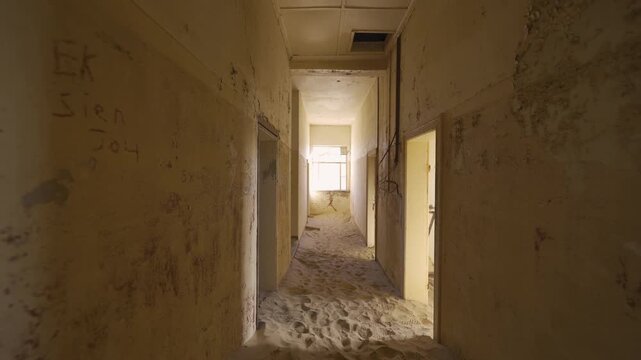Kolmanskop, The abandoned houses. the famous tourist attraction in Namibia, South Africa. Empty sand dune in home room . The ghost town.