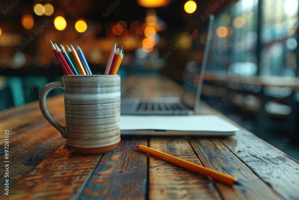 Poster a colorful array of pencils rests in a ceramic mug on a rustic wooden table